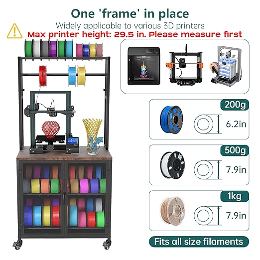 3D Printer Stand with Filament Storage, 29.5" x 18.9" Dustproof and Moisture-Proof Heavy Duty Large 3D Printer Table Cart with 360°Rolling & Cabinet for Workshop Studio Office (Rustic Brown)
