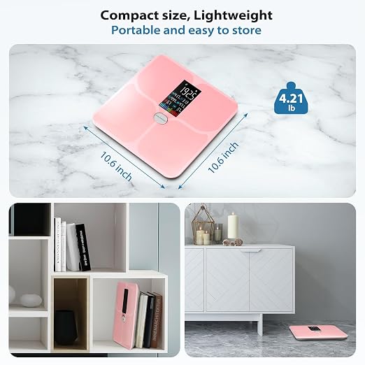 ABLEGRID Body Fat Scale,Digital Smart Bathroom Scale for Body Weight,Large Color Display Screen,22 Body Composition Metrics BMI,Water Weigh,Heart Rate,Baby Mode,400lb,Rechargeable-Rosegold