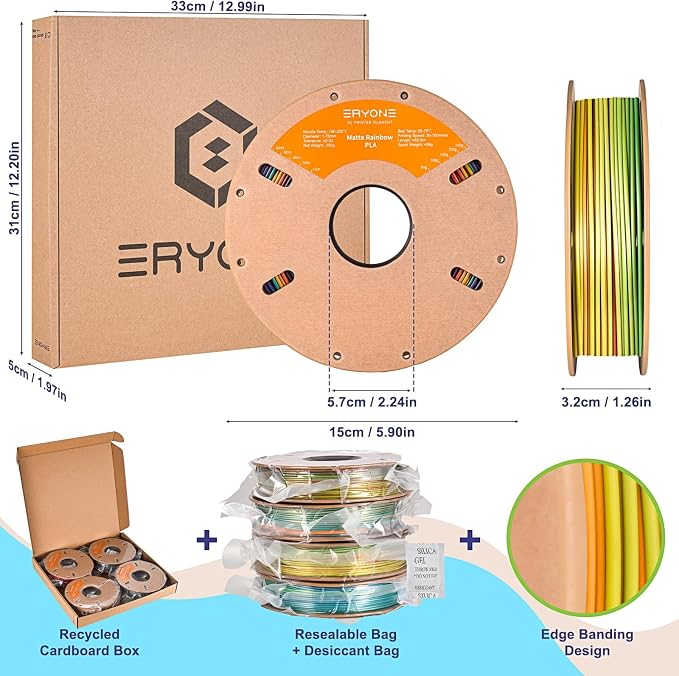 ERYONE PLA Filament 3D Printer Filament Bundle Multicolor 1.75mm +/- 0.03mm, PLA Filament 250g Spool, 4 Rolls, Silk Rainbow 1