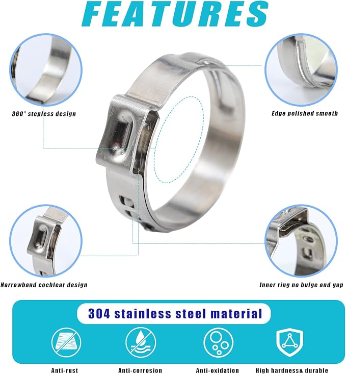 370pcs 16 Sizes Single Ear Hose Clamps, 5.3-36.1mm 304 Stainless Steel Crimp Hose Clamps,Cinch Rings Assortment Kit for Automotive, Pipe, Plumbing, Home Appliance Line with Ear Clamp pincer