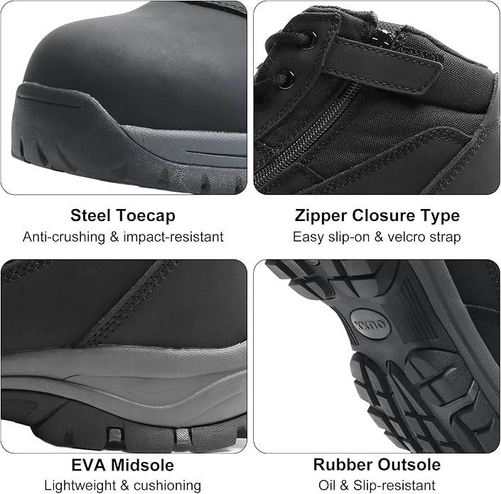 5" Waterproof Steel Toe Work Boots for Men, Safety Shoes with Side Zipper, ASTM F2413-18 Certified, Puncture-Proof Kevlar Midsole, Oil & Slip Resistant Rubber Sole, Construction Safety Boots(OX2518)