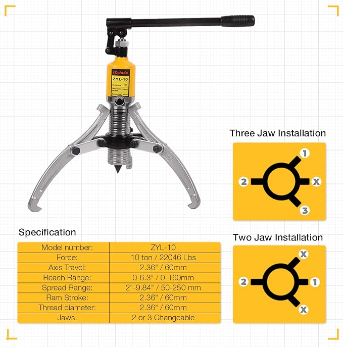 Hydraulic Gear Puller, 10 Ton Hydraulic Puller Kit Bearing Puller with Case 2 or 3 Jaws Bearing Hub Separator Hydraulic Puller Separator Tool for Pulling Hubs, Bearings, Gears, ZYL-10