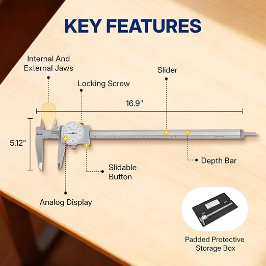 BLACK CANYON 12" Dial Caliper,12 Inches Measurement, Caliper Measuring Tool, Accuracy ±0.002 inch, 4 Way Measurements, Hardened 4R13 Stainless Steel, Ideal for DIY/Household