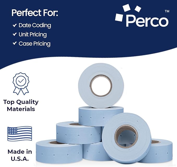 Perco 2 Line Blue Labels - 6,000 Blank Price and Date Gun Labels for Perco 2 Line Price and Date Guns - 8 Rolls, 1 Sleeve - Made in USA