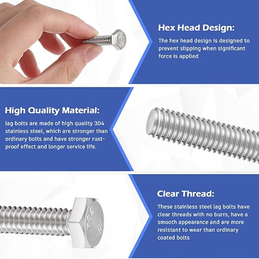 Zonon 50 Pcs 1/4-20 x 1 Hex Head Screw Bolt 18-8 (304) Stainless Steel Hexagon Bolts, Fully Threaded, Plain Finish, External Hex Drive (Silver)