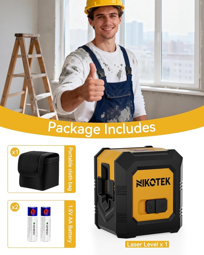 Nikotek Laser Level, Self-Leveling Green Beam Horizontal and Vertical Cross-Line Laser for Home Decoration Carrying Pouch, Battery Included