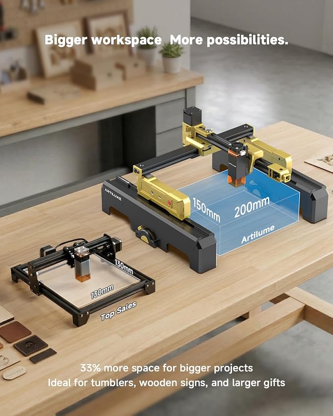 Artilume Laser Engraver Portable Cutter Machine APP-Control Riser & Protective Casing for Small Business 200x150mm Working Area for Wood Leather Acrylic Coated Metal–DIY & Crafting T1-7W