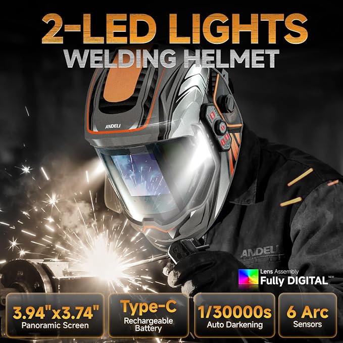 ANDELI Welding Helmet - 180° Panoramic 6 Arc Sensor True Color Auto Darkening Welding Helmet with Light and Motion Sensing, 2100mAh Rechargeable Battery for TIG/MIG/Cut/Grind Moner LED