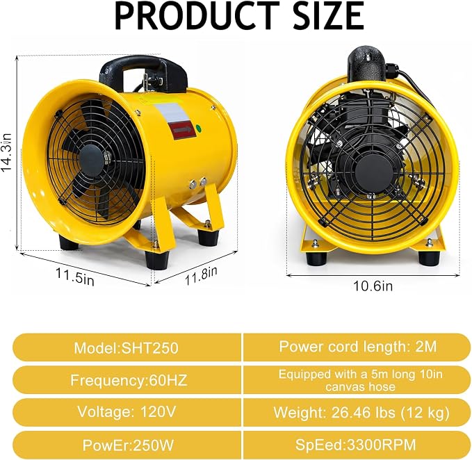 10 Inch High-Velocity Portable Utility Blower Fan with 16-Foot Vinyl Hose | 1840CFM Heavy Duty Cylinder Axial Fan |Exhaust Fan Ventilator for Basements, Workshops, Warehouses