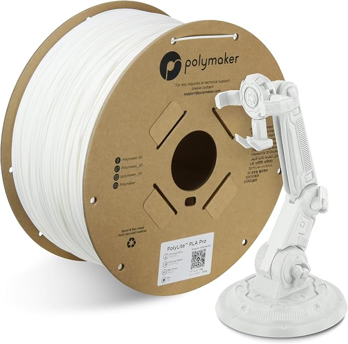 Polymaker PLA PRO Filament 1.75mm 3kg, Tough & High Rigidity White 3D Printing Filament, PolyLite PLA PRO 3D Printer Filament 1.75mm, Print with Most 3D Printers