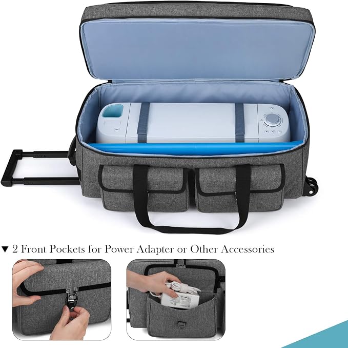 YARWO Rolling Craft Bag with Wheels Compatible for Cricut Explore 5/4/3, Maker 4/3, Cameo 5/4, Double Layers Die-cutting Machine Case with Multi Pockets for Craft Pen Sets, Cutting Mats&Supplies, Gray
