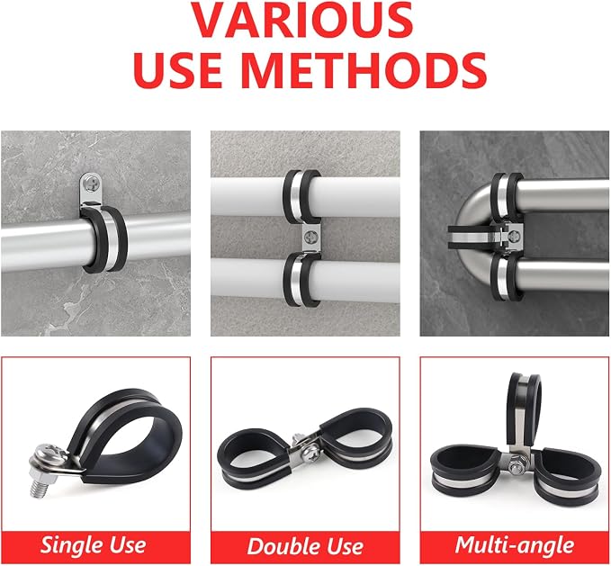 Newdeli 15Pcs Cable Clamps 1-1/4 Inch Stainless Steel Cable Clamp Rubber Cushioned Hose Clamp Insulated Tube clips Automotive Wire Pipe Clamps