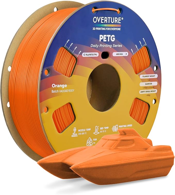 OVERTURE PETG Filament 1.75mm, High Speed 3D Printer Filament, Neatly Wound & Clog-Free, 1kg Spool (2.2lbs) Rapid PETG, Dimensional Accuracy +/- 0.02mm, Fit Most FDM Printers (Orange)