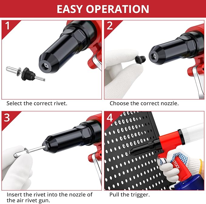 JUSTOOL 3916 LBF Heavy Duty Air Rivet Gun Pneumatic Rivet Gun, 5 Nosepieces 3/32", 1/8", 5/32", 3/16", 1/4", 16mm Maximum Stroke, NPT 1/4 inch Air Pop Riveter for Automotive, Construction, Industries