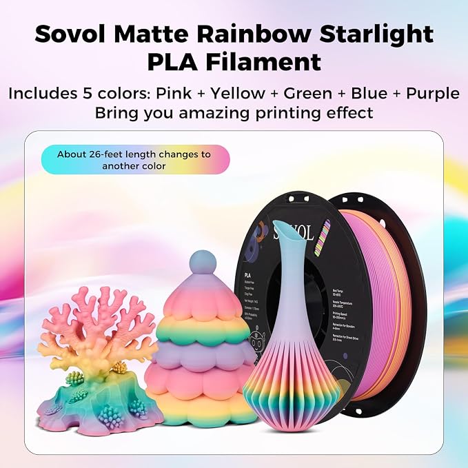 Sovol 3D Printer Matte Multicolored Fast Change Gradient Rainbow PLA 1kg (2.2 lbs) Spool 3D Printing Materials, Dimensional Accuracy +/- 0.03 mm, 1.75 mm, Matte Starlight