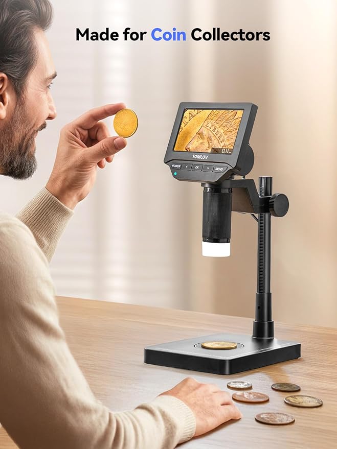 TOMLOV DM4W Microscope with Weighing Scale: 4.3" Digital Coin Microscope with Screen, Error Coin Magnifier with Lights, Weight Scale for Collectors, Jeweler, Students, Compatible with Windows/Mac
