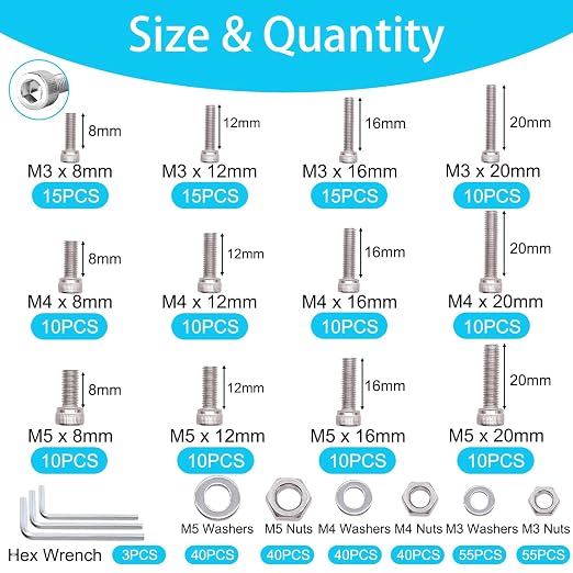 405PCS M3 M4 M5 Metric Screw Assortment Kit, 8-20mm Hex Socket Head Cap Screws Bolts Nuts Washers Assortment Kit, 304 Stainless Steel Metric Bolts with 3 Hex Wrench