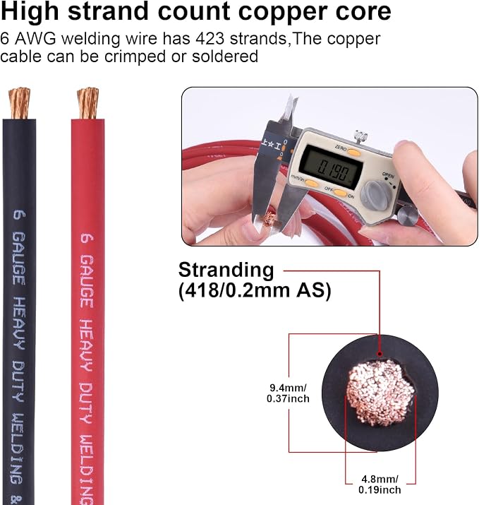 iGreely 6 Gauge 6 AWG Wire 20 Feet Black + 20 Feet Red Welding Battery Pure Copper Ultra Flexible Cable + 5pcs of 5/16" & 5pcs 3/8" Copper Cable Lug Terminal Connectors+Heat Shrink Tubing