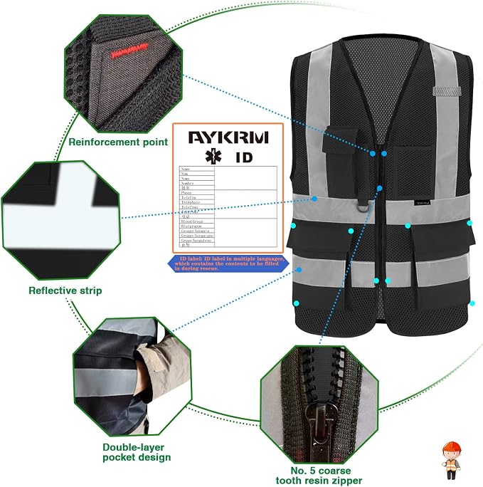 A-SAFETY XSmall Black safety vest xs (Black Mesh XS) | Black XS breathable mesh vest with 7 pockets, black front zipper and reflective strips for security and warehouse work.