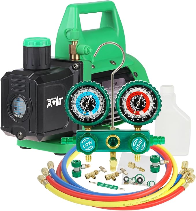 PB Motor Tech Vacuum Pump & Gauge Set, 4.5 CFM Pump w/Aluminum Manifold Gauge, Quick Couplers, Two Can Taps, 410 Adapter, for R134A, R410A, R22, R404A Refrigerants & AC Maintenance (Green)