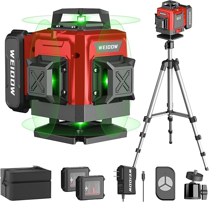 WEIDDW Laser Level with Tripod, Self Leveling Laser Level 4x360°, Green Line Laser 4D Laser Leveler Tool with 2Pcs Lithium Batteries for Picture Hanging, Tile, Home Renovation(SizeX)