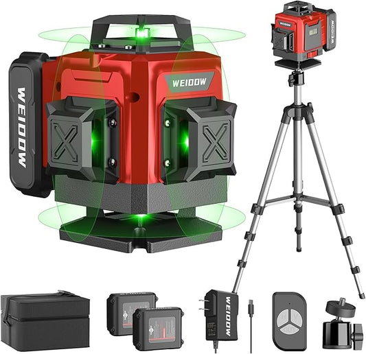 WEIDDW Laser Level with Tripod, Self Leveling Laser Level 4x360°, Green Line Laser 4D Laser Leveler Tool with 2Pcs Lithium Batteries for Picture Hanging, Tile, Home Renovation(SizeX)