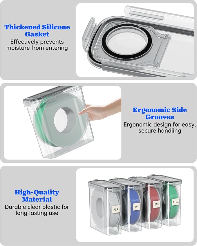 3D Printer Filament Storage Box, 8-Pack Airtight Containers for 1kg | Airtight silicone gasket and locking clips protect 1kg filament spools from moisture and dust for stable printing performance