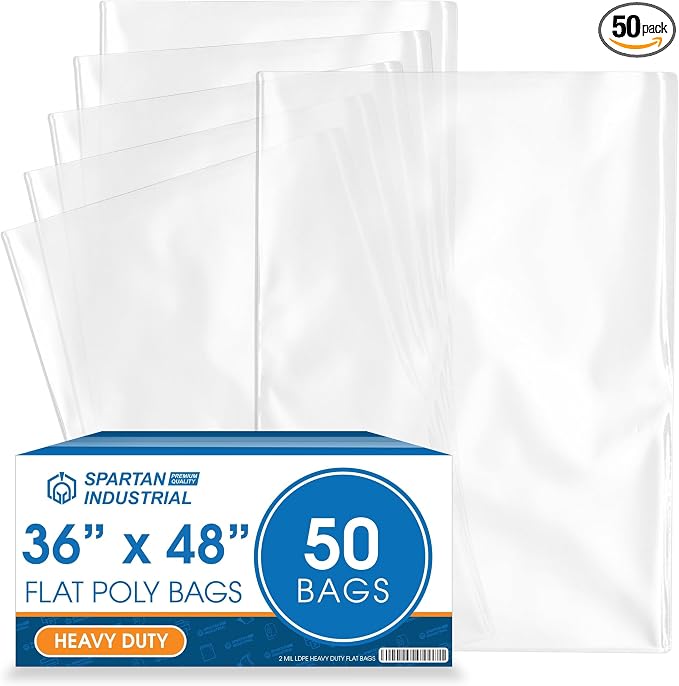 36" X 48" Open-End Flat Poly Bags (50 Count) - 2 Mil Clear Plastic Bags for Packaging, Shipping, Storage - No Adhesive Strip - Spartan Industrial