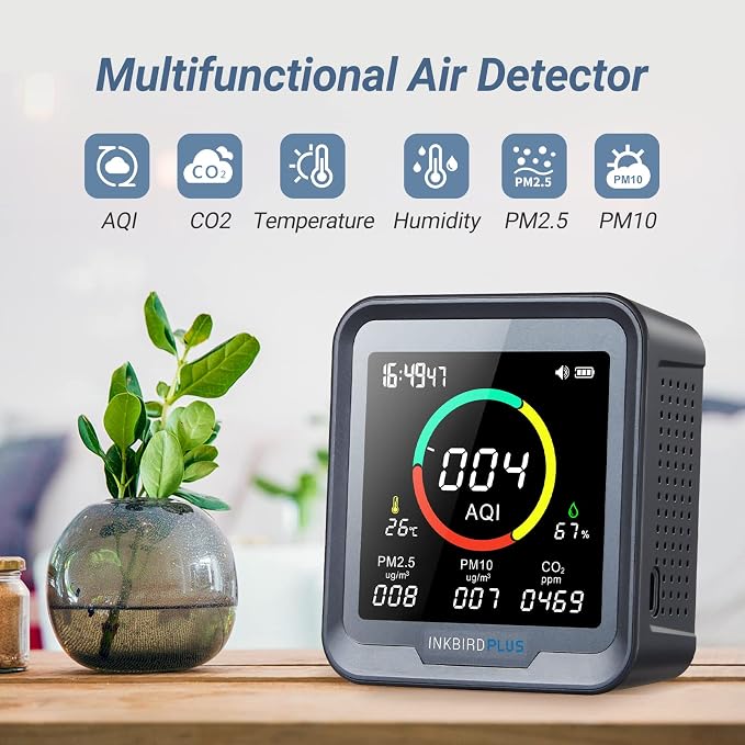 INKBIRDPLUS 6-in-1 Indoor Air Quality Monitor, Detects CO2, PM2.5, PM10, AQI, Temperature and Humidity for Rooms, Cellars, Grow Tents, Offices, etc. (PTH-9A)