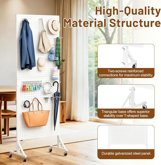Metal Pegboard Display Stand 66" x 24”, Pegboard Shelf with 30 Hooks, 4 Wheels and 4 Leveling Feet, Peg Board Panels Display Rack for Retail Store, Craft Show, Garage, Jewelry Organizer, White