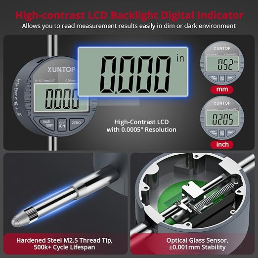 XUNTOP Digital Bore Gauge Set, 2-6"/0.0005" Digital Indicator Self-Centering Dial Bore Gauge with Carbide Anvils Deep Engine Cylinder Measurement Tool for Machining,CNC,Automotive