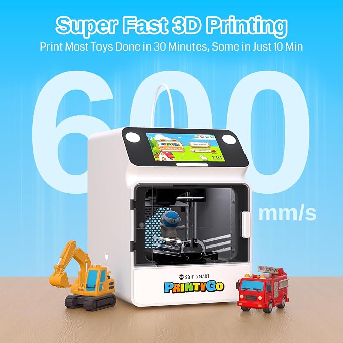 SainSmart PrintyGo Mini 3D Printer for Kids, 600mm/s Auto Leveling Printer for Beginners with 5" Touch Screen, 1500+ Models, Child-Safe Design, Wi-Fi/App Control, Pre-Assembled for STEM Learning Gift