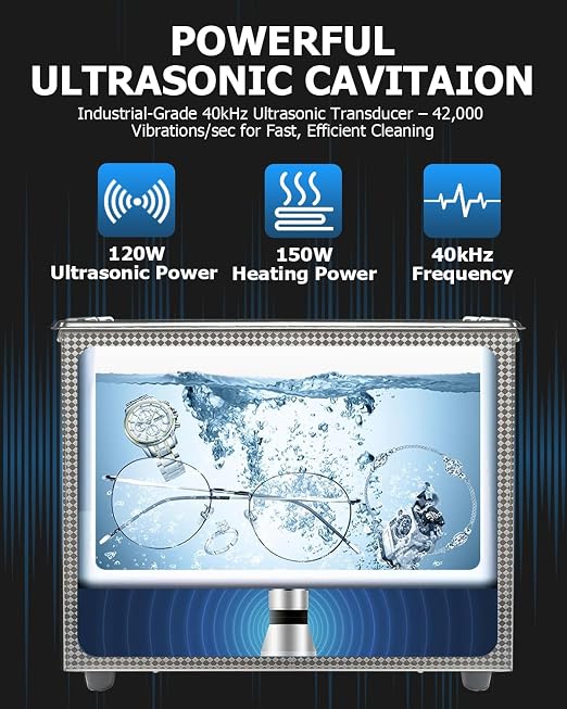 Professional 3L Ultrasonic Cleaner 120W 40kHz with Digital Timer & Heater 110V 304 SUS Tank Stainless Steel Basket for Jewelry, Watches, Glasses, Lab, Medical, Industrial Parts