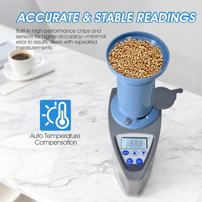 Pro Grain Moisture Meter, Smart Moisture Tester for 24 Grains, Digital Grain Seed Moisture Reader Measures Weight, Capacity, Density, Temperature, Wheat, Corn, Rice, Crop Moisture Detector