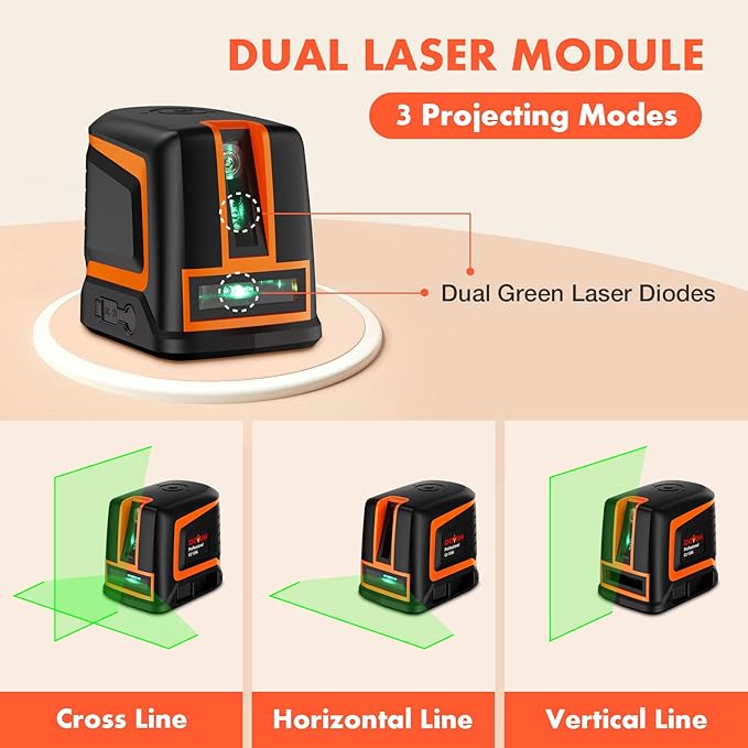 DOVOH Rechargeable Laser Level Self Leveling Cross Line, C2-120G | Green Beam, Dual Lasers, 2600mAh Li-ion Battery, 66ft, For Home DIY, Hanging Pictures, Tiling