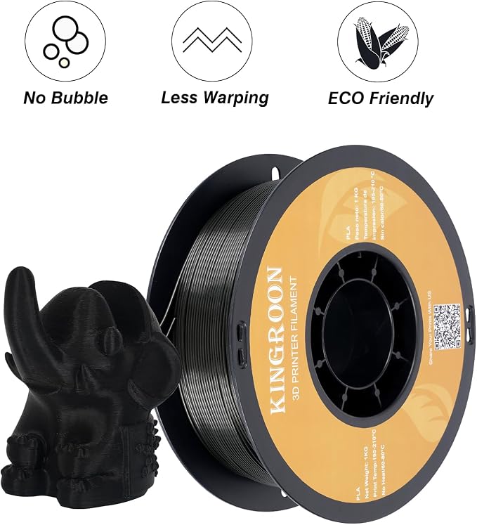Kingroon PLA 3D Printer Filament, Dimensional Accuracy +/- 0.02 mm, 1 kg Spool(2.2lbs), 1.75mm,2KG Black+Black