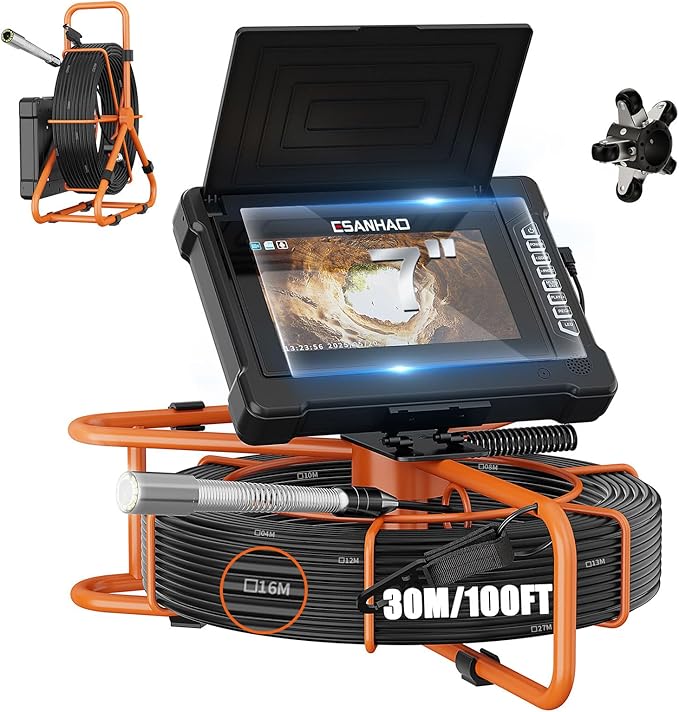 Sewer Camera 100FT/30M 7" IPS Screen Pipe Inspection Camera Borescopes Plumbing DVR & Audio Recorder 23mm with 32GB Card 12 LEDs HD 1000TVL Endoscope