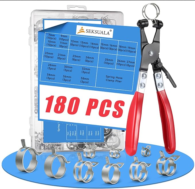180Pcs 5/16" to 1-1/2"(7-38mm) 24 Size Spring Band Hose Clamps Assortment Kit with Swivel Flat Hose Clamp Plier, SEKSUALA Constant Tension Steel Clamps for Fuel Lines, Silicone,Vacuum Hoses (Grey?