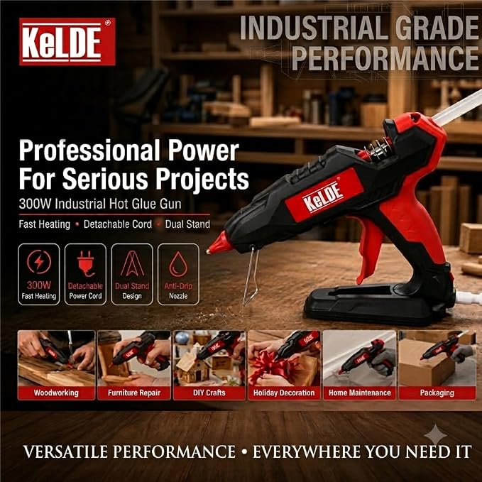 KeLDE 300W Industrial Hot Glue Gun, Heavy Duty Hot Melt Glue Gun with Detachable Power Cord, Fast Heating, Anti-Drip Nozzle,with 10 Glue Sticks for Woodworking, Repair & DIY Projects (Black)