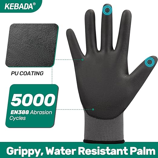 Kebada W1 Work Gloves for Men and Women, PU Coated Safety Gloves with Grip, Touchscreen, Ideal for Warehouse Package Handling, Construction, Gardening, 12 Pairs Gray Medium