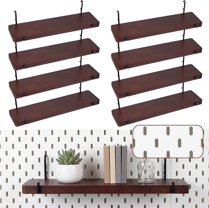 Novabright 8 Pcs Walnut Color Pegboard Shelves Set with Metal Brackets Hooks 11.8 x 4'' Wall Wooden Pegboard Shelving Heavy Duty Accessories for Crafts Office Garage, Compatible with IKEA Skadis