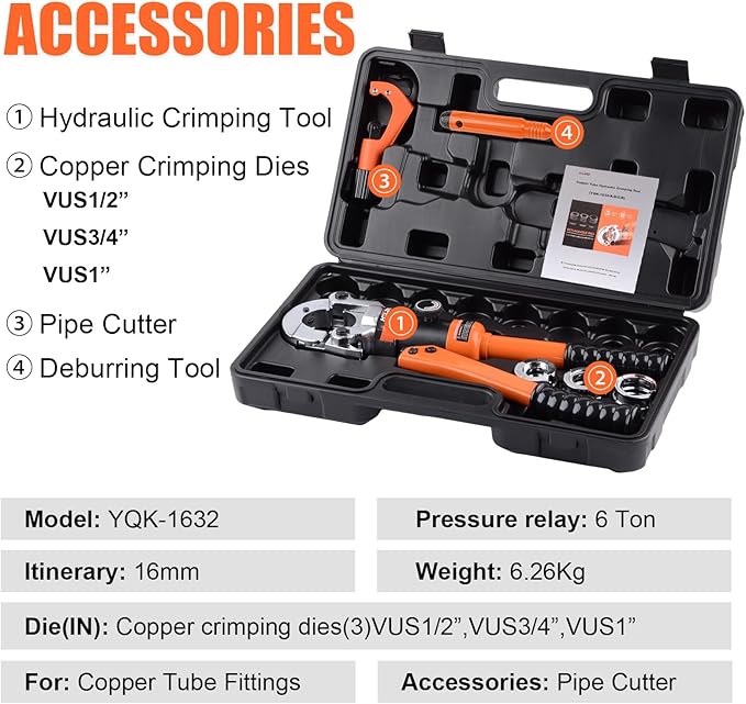 HZLZRZ Pro Press Copper Pipe Crimper Tool Kit with 3 Dies (1/2" 3/4" 1") for Plumbing & Water Heating, Includes Copper Tube Cutter and Burr Tool (YQK/1632D)