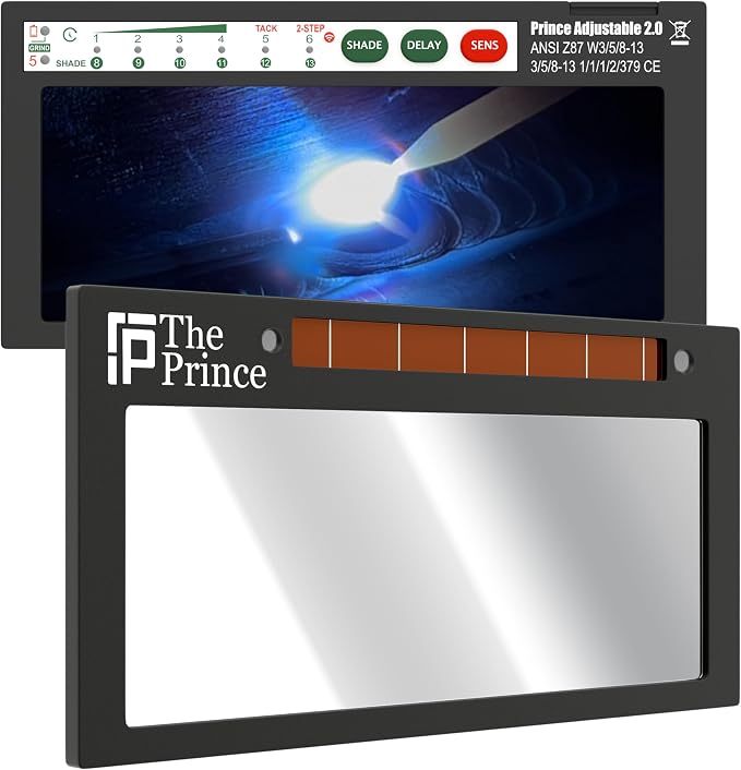 The Prince Adjustable 2.0 | Adjustable Shade 8-13 Silver Auto Darkening Welding Lens With Grind Mode | 5A TIG Rating | 2" X 4.25" X 0.2" | Silver Welding Lens - Blue Puddle | Royal Series 2.0