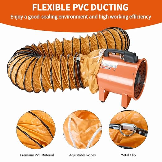8Inch Utility Blower Fan with 25ft Flexible Duct Hose, 1500 m3/h High Velocity Portable Industrial Exhaust Fanial Extractor for Basements,Workshops,Warehouses,Confined Spaces (8IN Fan+25FT Hose)
