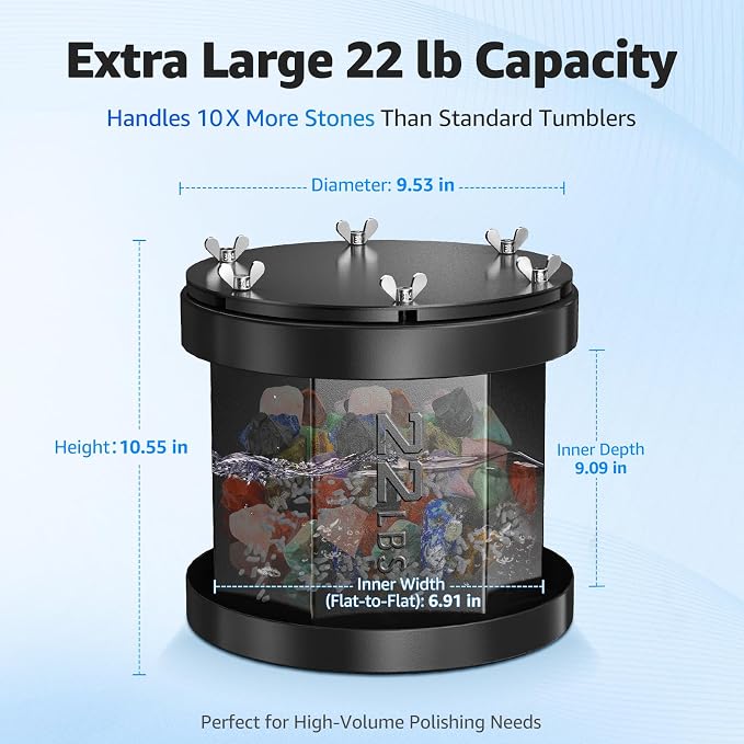 Professional Rock Tumbler – 22LB Extra-Large Capacity Rock Polisher with Brushless Motor, Real-Time Power Monitoring & Heavy-Duty Metal Construction for Continuous Rock Tumbling