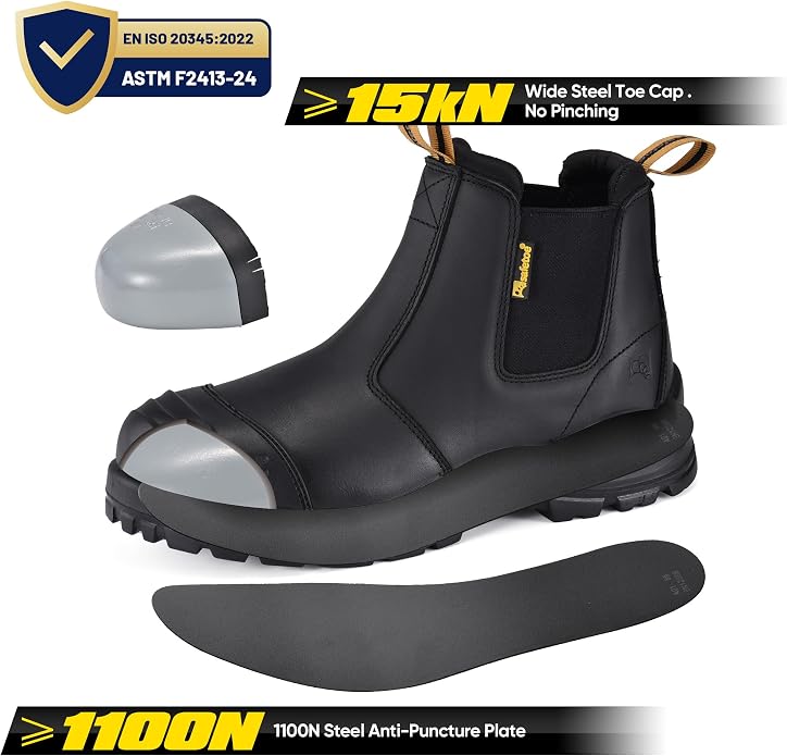 Steel Toe Work Boots for Men Cow Leather Slip on Safety Boot Ladder Grip Design