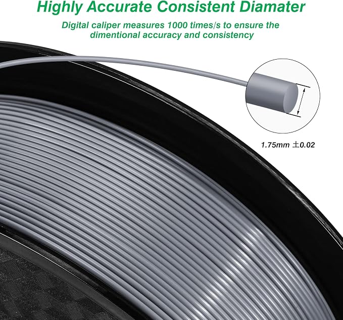 Kingroon PLA 3D Printer Filament, Dimensional Accuracy +/- 0.02 mm, 1kg Spool(2.2lbs), 1.75 mm, 2KG Grey