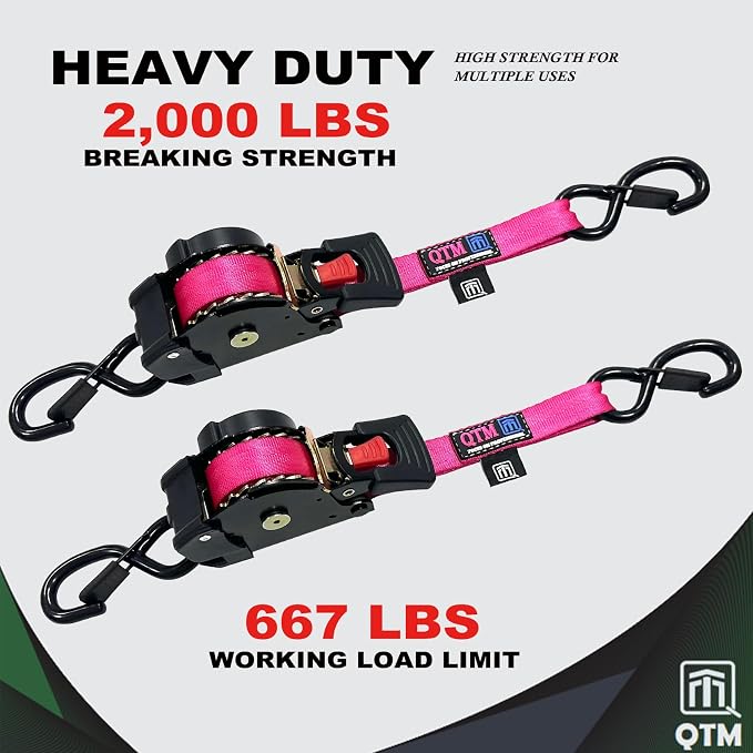QTM 2-Pack Stainless Steel Spring Pink Retractable Ratchet Straps 1" x10' with Soft Loops, Heavy Duty, 2,000lbs Breaking Strength, with Storage Bag, Best for Cargo, Truck, Bicycle, Motorcycle