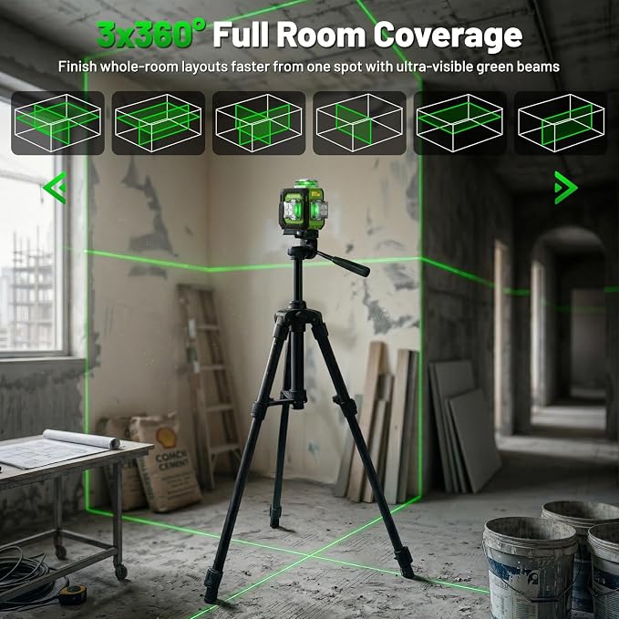 Huepar New 3D Laser Level 360° Self Leveling, 5 Years Warranty, Smaller Size, Better Value, 3x360 Green Laser Level 12 Lines, Rechargeable, Outdoor Pulse Mode, Cross Line for Construction ST03CG