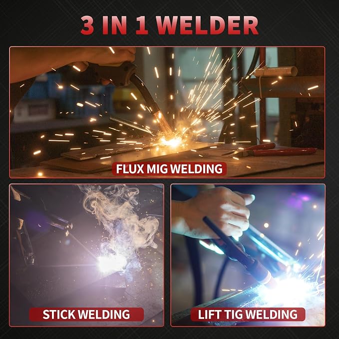 135Amp 110V MIG Welder,Flux Core MIG/Lift TIG/Stick 3-in-1 Multiprocess Welder,IGBT Inverter Large LED Digital Display Welding Machine(RED)